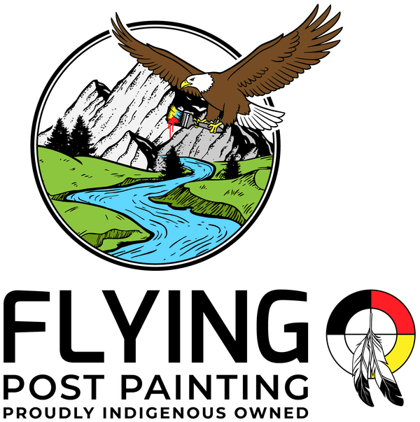 Flying Post Painting logo: an eagle carrying a paint can over a mountain and river landscape, with the words Proudly Indigenous Owned